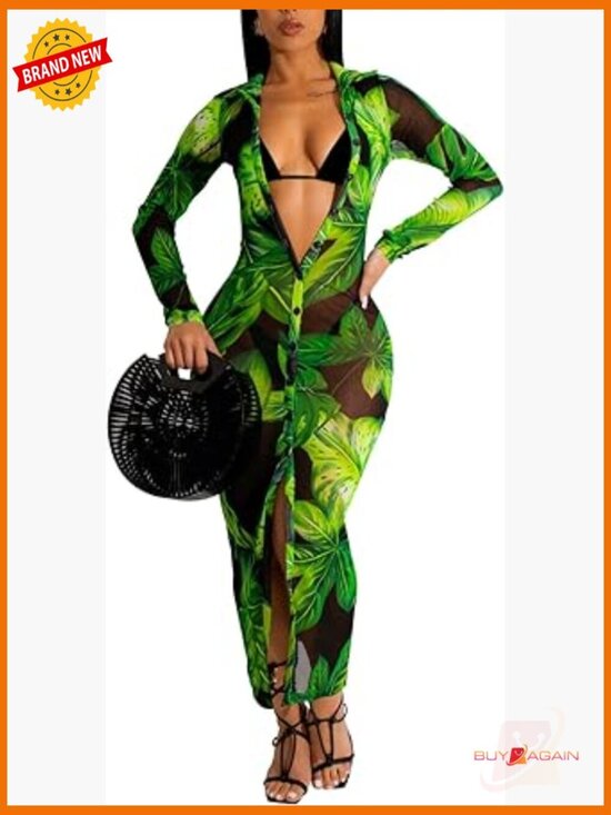 Dresses & Skirts - Sheer Bodycon Midi Dress Long Sleeve Club Night Out Beach Cover Up